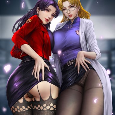 2girls, ass, breasts, glasses, goatwillow, misato katsuragi, neon genesis evangelion, panties, pantyhose, ritsuko akagi, skirt lift, thighhighs