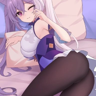 1girls, ass, blush, breasts, genshin impact, keqing (genshin impact), laying down, laying on bed, purple eyes, purple hair, thighs, tight clothing, tired, twintails