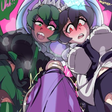 2girls, black hair, black shirt, bubble, captain kirb, clothed, clothed sex, clothing, dark-skinned female, dark blue tie, filia (skullgirls), fukua (skullgirls), green eyes, green hair, green tie