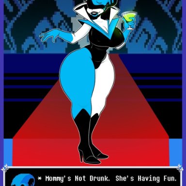 1girls, blue lipstick, breasts, cleavage, clothed, clothing, deltarune, deltarune chapter 2, drunk, english text, female, female only, glass cup, heel boots, heels