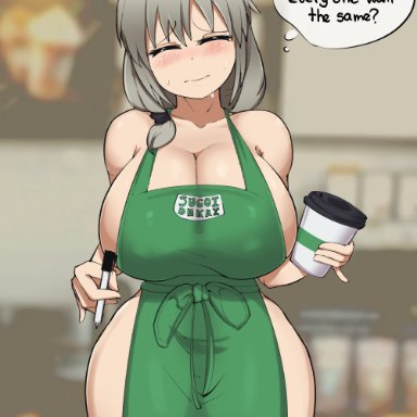 1girl, 1girls, artist signature, big breasts, blush, breasts, closed eyes, female, female focus, female only, grey hair, huge breasts, iced latte with breast milk, jmvmaa, large breasts