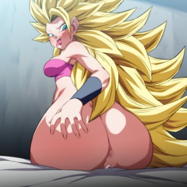 1girls, anus, ass, big ass, big breasts, blonde hair, breasts, caulifla, censor bar, censored, dragon ball, dragon ball super, eye contact, female, grabbing own ass