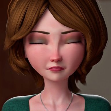 1boy, 1girls, animated, aunt cass, big breasts, big hero 6, bouncing breasts, brown hair, cass hamada, clothed, dialogue, disney, grabbing own breast, green eyes, holding breast