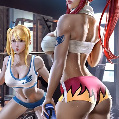 2girls, abs, ass, bare shoulders, blonde hair, breasts, brown eyes, cleavage, earrings, erza scarlet, exercise, fairy tail, female, female only, gym