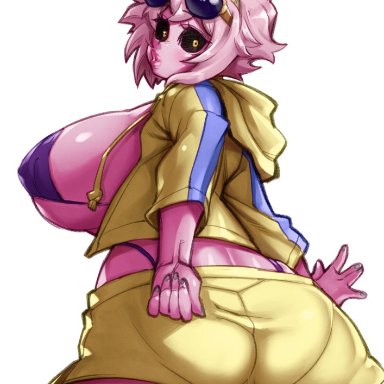 1girls, bikini, bubble ass, bubble butt, clothed, female, jacket, konakona, mina ashido, my hero academia, pink hair, pink skin, short shorts, solo