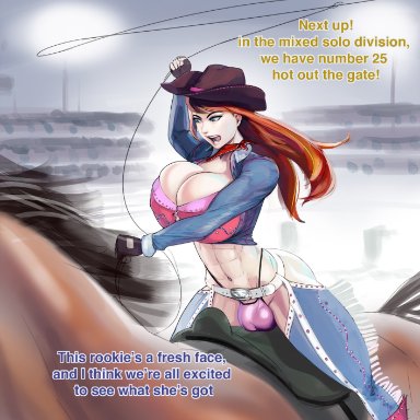 1futa, abs, aka6, areolae, balls, big breasts, breasts, bulge, clothed, clothing, competition, cowgirl, cowgirl (western), dialogue, futa focus