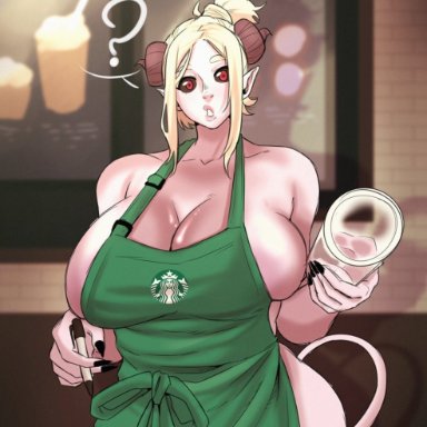 blonde hair, busty, demon girl, female, female focus, female only, horns, hourglass figure, iced latte with breast milk, kaijinks, pink skin, red eyes, solo, starbucks, tagme