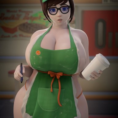 1girls, 3d, apron, big breasts, blizzard entertainment, breasts, busty, cleavage, female, female focus, female only, fugtrup, glasses, hourglass figure, iced latte with breast milk