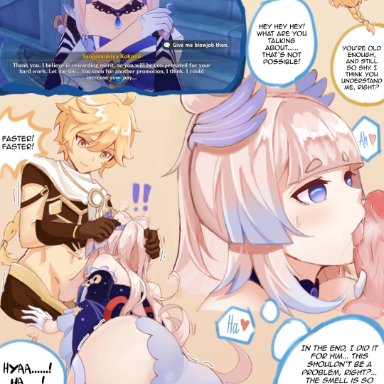 1boy, 1girl, 1girls, aether (genshin impact), ass, clothed, clothed female, comic, embrace, english text, erection, fellatio, female, genshin impact, kokomi (genshin impact)