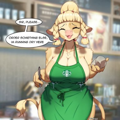 anthro, apron, big breasts, breasts, busty, hourglass figure, iced latte with breast milk, large breasts, nude apron, sideboob, tagme, waitress, waitress uniform, wide hips