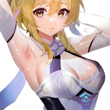 1girls, 8ichibi8, armpits, big breasts, blonde hair, breasts, dress, genshin impact, lumine (genshin impact), revealing clothes, wet, yellow eyes