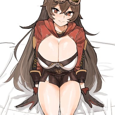 1girls, 2021, amber (genshin impact), bare legs, bed, bed sheet, black gloves, bow, bow hairband, breasts, brown eyes, brown hair, cleavage, cleavage cutout, clothed