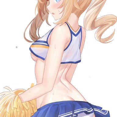 1girls, ass, barbara (genshin impact), blonde hair, blue eyes, blush, breasts, cheerleader, cheerleader uniform, genshin impact, hayasaka, panties, revealing clothes, thighs, twin drills