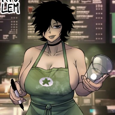 apron, big breasts, breasts, busty, female, female focus, female only, goth, hourglass figure, iced latte with breast milk, interspecies, large breasts, meme, nude apron, ryulem