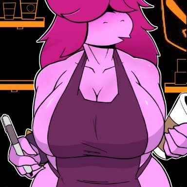 apron, artist request, character request, deltarune, deltarune chapter 2, iced latte with breast milk, meme, noelle holiday, pink skin, susie (deltarune), tagme, undertale, waitress, waitress uniform