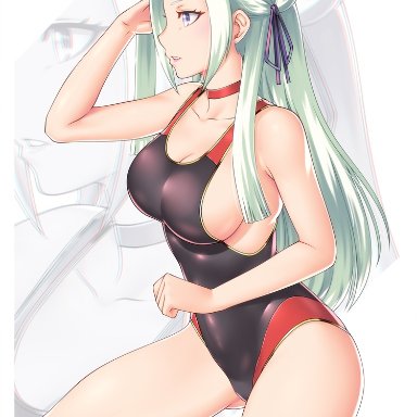 1girls, alternate costume, artist name, bare legs, black swimsuit, blue eyes, breasts, cape, choker, cleavage, closed mouth, edelgard von hresvelg, etchimune, fire emblem, fire emblem: three houses