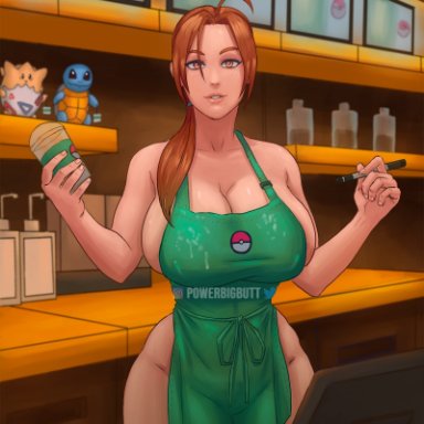 apron, big breasts, breasts, busty, delia ketchum (pokemon), female, female focus, female only, hourglass figure, iced latte with breast milk, large breasts, meme, milf, nude apron, pokemon
