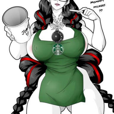 2021, apron, bayonetta, bayonetta (character), big breasts, breasts, busty, cleavage, female, female focus, female only, hourglass figure, iced latte with breast milk, meme, solo