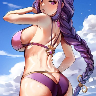 1girls, beauty mark, bikini, blush, butt crack, genshin impact, mole, mole under eye, purple eyes, purple hair, raiden shogun, reine, revealing clothes, swimsuit, thick ass