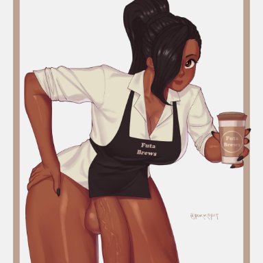 1futa, apron, balls, barista, bent over, big balls, big breasts, big penis, black hair, black nails, bottomless, breasts, brown eyes, cleavage, clothed