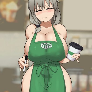 1girl, 1girls, artist signature, big breasts, blush, breasts, closed eyes, female, female focus, female only, grey hair, huge breasts, iced latte with breast milk, jmvmaa, large breasts