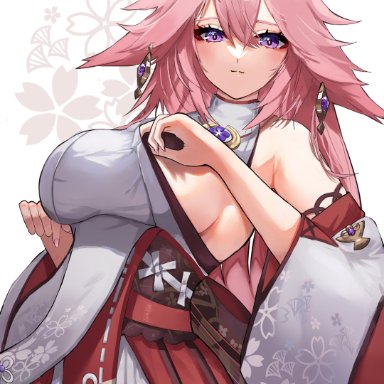 1girls, animal ears, barely contained, big breasts, binka76, blush, breasts, exposing chest, fox ears, fox girl, genshin impact, japanese clothes, kimono, pink hair, purple eyes