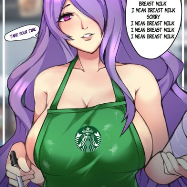 1340smile, 1girl, 1girls, apron, apron only, bangs, bare shoulders, bare thighs, barista, big breasts, blurry, blurry background, blush, breasts, camilla (fire emblem)