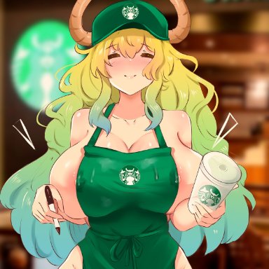 1girl, 1girls, apron only, big breasts, blonde hair, breasts, dragon, female, female focus, female only, huge breasts, iced latte with breast milk, kobayashi-san chi no maidragon, large breasts, lucoa