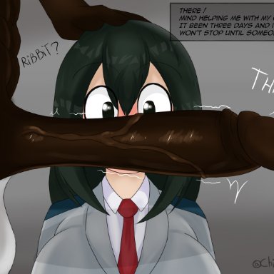 chillchili, cock worship, dark-skinned male, froppy, green hair, hand on head, huge cock, leaking cum, muscular male, my hero academia, precum, school uniform, tagme, teasing, tsuyu asui