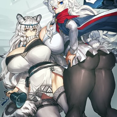 animal ears, arknights, big ass, big breasts, big butt, braided hair, doctor (arknights), grey eyes, heterochromia, huge ass, huge breasts, huge butt, kemonomimi, leggings, long hair