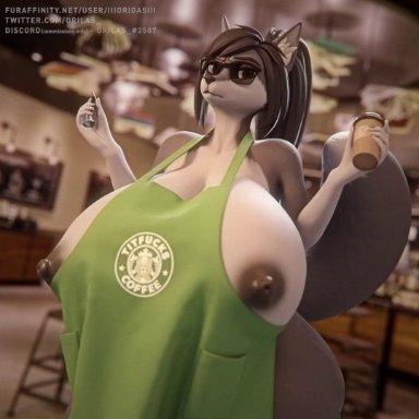 1girls, 3d, animated, anthro, areolae, blender, bouncing breasts, breasts, coffee, female, female only, furry, huge breasts, iced latte with breast milk, iii oridas iii