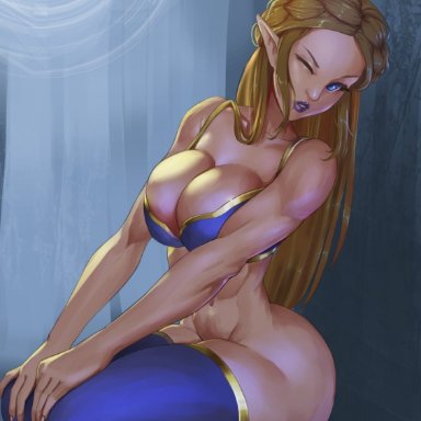 1girls, abs, big breasts, breasts, female, female only, impalingpoetry, large breasts, muscles, muscular female, princess zelda, solo, the legend of zelda, thighhighs, zelda (breath of the wild)