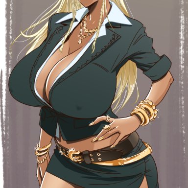 1female, 1girl, 2021, aqua eyes, artist name, artist signature, belt buckle, belt skirt, black eyeshadow, blonde eyebrows, blonde hair, bursting breasts, cleavage, collared shirt, curvaceous