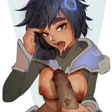 1girls, accessory, alternate breast size, alternate costume, big breasts, big eyebrows, big nose, blowjob, blue hair, dark-skinned female, dark-skinned male, dark skin, female, grabbing penis, hair