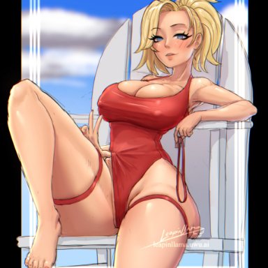 angela ziegler, blonde hair, blue eyes, large breasts, leapinllama, lifeguard, lifeguard mercy, mercy, nipple bulge, one-piece swimsuit, overflowing breasts, overwatch, short hair, sketch, solo