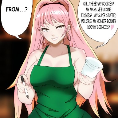 1girls, apron, apron only, big breasts, ceroccb, dirty talk, earrings, english text, fire emblem, fire emblem: three houses, grin, half-closed eyes, hilda valentine goneril, iced latte with breast milk, large breasts