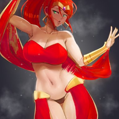 aestheticc-meme, arabian clothes, belly dancer, circlet, earrings, edit, edited, long hair, metroid, nintendo, ponytail, pyrrha nikos, red hair, rwby, samus aran