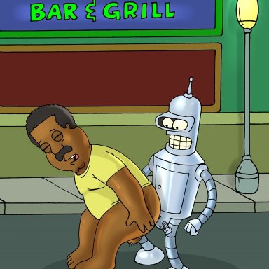 2boys, background, bender bending rodriguez, cleveland brown, crossover, dark-skinned male, family guy, futurama, interracial, justcartoondicks.com, male, male only, moustache, robot, robot humanoid