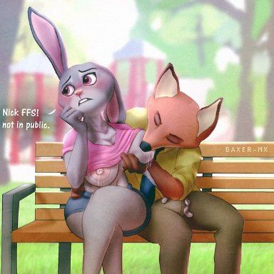 anthro, artist request, baxer-mx, bench, big breasts, blush, breast grab, breast sucking, breasts outside, bunny ears, cleavage, closed eyes, disney, erection under clothes, fox