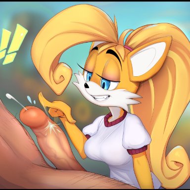 blue eyes, coco bandicoot, cosplay, flicking, fur, furry, fusion, human, human on anthro, large penis, penis, penis out, ponytail, precum, rule 63