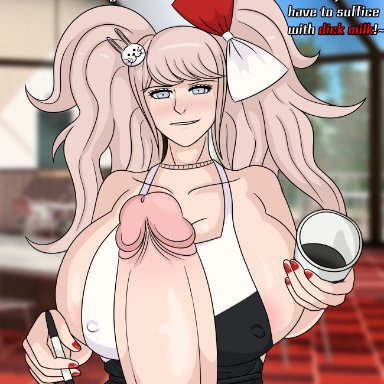 1futa, apron, apron only, areolae, blonde hair, bow, breasts, clothed, clothing, danganronpa, dialogue, eroticaquatic, futa only, futanari, hairclip