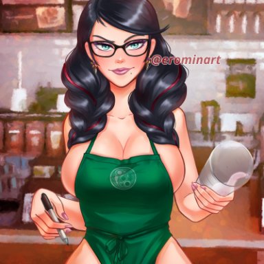 apron, apron only, bayonetta, bayonetta (character), busty, erominart, glasses, hourglass figure, iced latte with breast milk, tagme, waitress, waitress uniform, wide hips