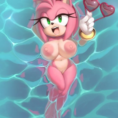 1girls, 5 fingers, amy rose, anthro, areola, areolae, big breasts, black nose, bracelet, breasts, busty, completely nude, completely nude female, countershade arms, countershade face