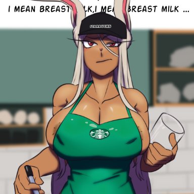 animal penis, apron, apron only, buckteeth, bunny ears, busty, dark-skinned female, dark skin, hourglass figure, iced latte with breast milk, irritated, long hair, meme, miruko, my hero academia