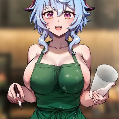 adeptus, apron only, big breasts, blue hair, blush, breasts, foxy rain, ganyu (genshin impact), genshin impact, horns, iced latte with breast milk, purple eyes, qilin, thick thighs, thighs