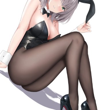 1girls, 2021, absurdres, animal ears, ass, bangs, black footwear, black high heels, black legwear, black leotard, black pantyhose, blush, bow, bowtie, breasts