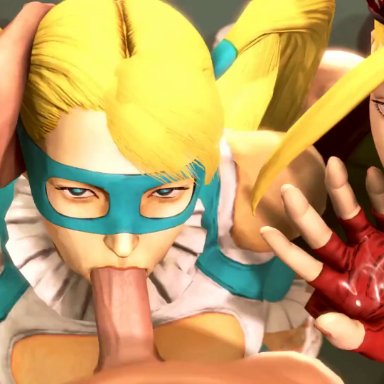 10s, 1boy, 2girls, 3d, 60fps, ahoge, animated, artist name, beret, blonde hair, blue eyes, bodysuit, breasts, cammy white, capcom