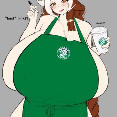 apron, apron only, blush, braid, breasts bigger than head, brown hair, cow horns, gigantic breasts, iced latte with breast milk, light-skinned female, light skin, long hair, naked, naked apron, original character
