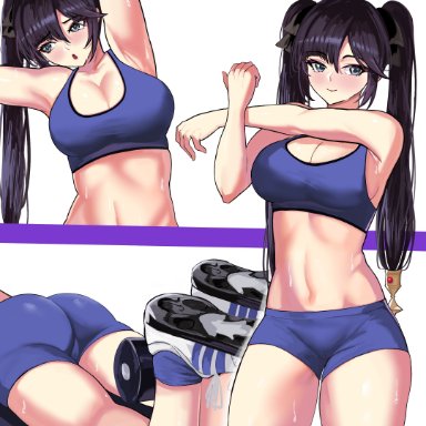 1girls, ass, bike shorts, breasts, female, genshin impact, high resolution, long hair, loooyd, mona (genshin impact), purple hair, shorts, solo, sports bra, thick thighs