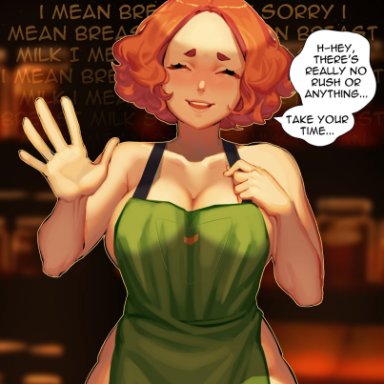 apron, apron only, barley juice, breasts, brown hair, female, female focus, female only, green apron, haru okumura, iced latte with breast milk, looking at viewer, meme, naked apron, persona